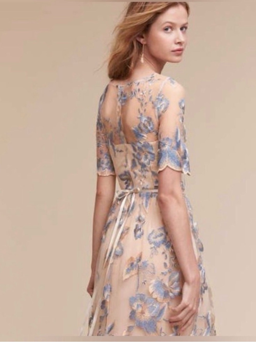 Adrianna Papell Blush Maxi Dress with Silver-Blue Floral Embroidery - Picture 2 of 5
